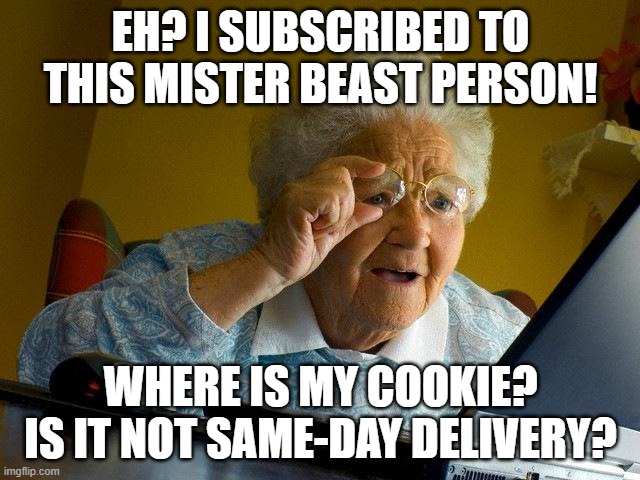 Grandma Finds The Internet | EH? I SUBSCRIBED TO THIS MISTER BEAST PERSON! WHERE IS MY COOKIE?  IS IT NOT SAME-DAY DELIVERY? | image tagged in memes,grandma finds the internet,relatable,relatable memes,funny,funny memes | made w/ Imgflip meme maker