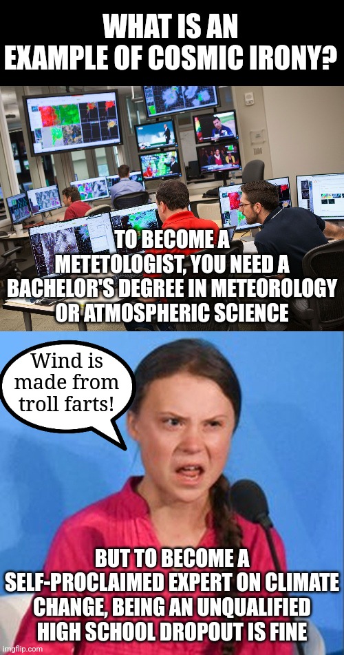 Remember kids, if you are too dumb for high school, invent an issue where you can claim expertise! | WHAT IS AN EXAMPLE OF COSMIC IRONY? TO BECOME A METETOLOGIST, YOU NEED A BACHELOR'S DEGREE IN METEOROLOGY OR ATMOSPHERIC SCIENCE; Wind is made from troll farts! BUT TO BECOME A SELF-PROCLAIMED EXPERT ON CLIMATE CHANGE, BEING AN UNQUALIFIED HIGH SCHOOL DROPOUT IS FINE | image tagged in greta thunberg how dare you,weather,climate,higher education,meteorologist,expectation vs reality | made w/ Imgflip meme maker