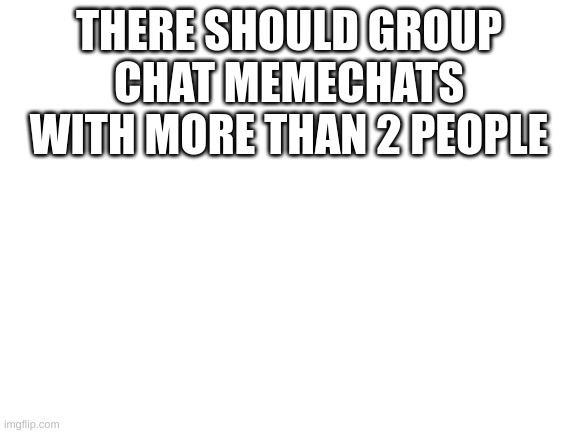 or is there already and i haven't found it | THERE SHOULD GROUP CHAT MEMECHATS WITH MORE THAN 2 PEOPLE | image tagged in blank white template | made w/ Imgflip meme maker