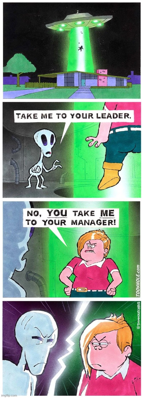 image tagged in ufo,abduction,alien,karen,leader,manager | made w/ Imgflip meme maker