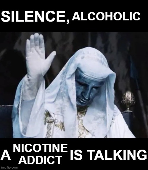 Silence, X a Y is Talking | ALCOHOLIC; NICOTINE ADDICT | image tagged in silence x a y is talking,rmk | made w/ Imgflip meme maker