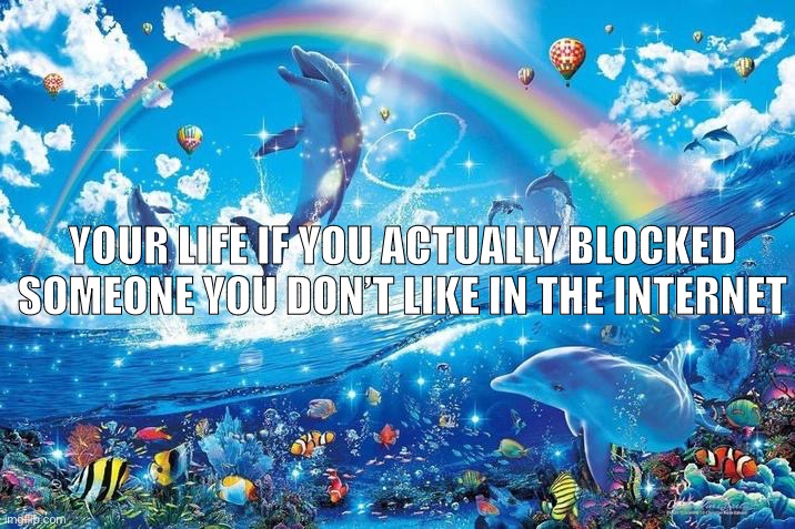 Happy dolphin rainbow | YOUR LIFE IF YOU ACTUALLY BLOCKED SOMEONE YOU DON’T LIKE IN THE INTERNET | image tagged in happy dolphin rainbow | made w/ Imgflip meme maker