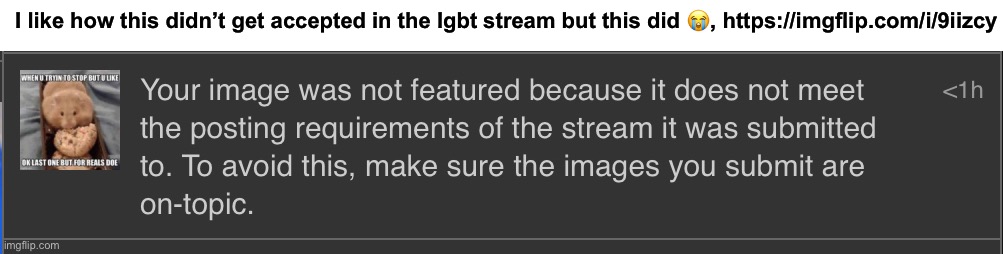 Can’t even post hamsters, bias fr | I like how this didn’t get accepted in the lgbt stream but this did 😭, https://imgflip.com/i/9iizcy | made w/ Imgflip meme maker
