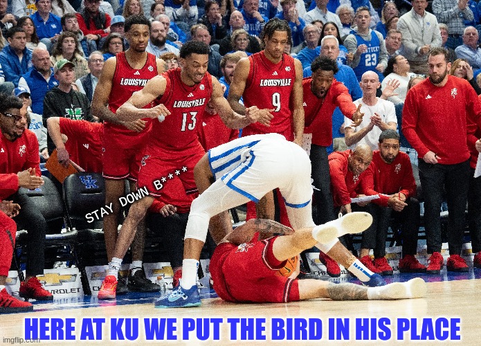 Kentucky Louisville meme | STAY DOWN B****; HERE AT KU WE PUT THE BIRD IN HIS PLACE | image tagged in memes,kentucky,college football,sports,basketball meme,basketball | made w/ Imgflip meme maker