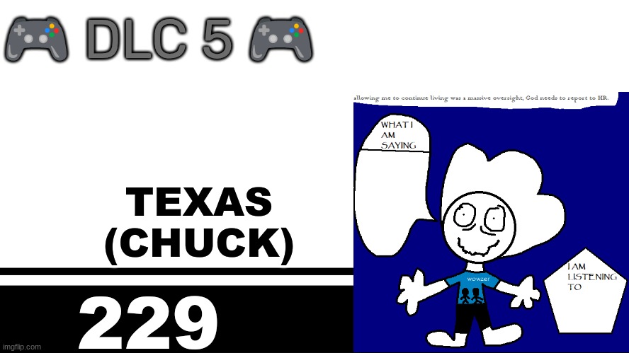 Smash Bros. Ultimate character card | 🎮 DLC 5 🎮; TEXAS
(CHUCK); 229 | image tagged in smash bros ultimate character card | made w/ Imgflip meme maker
