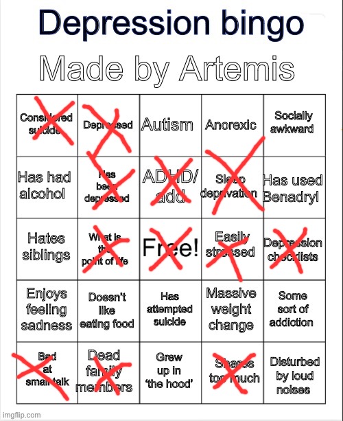 Depression bingo | image tagged in depression bingo | made w/ Imgflip meme maker