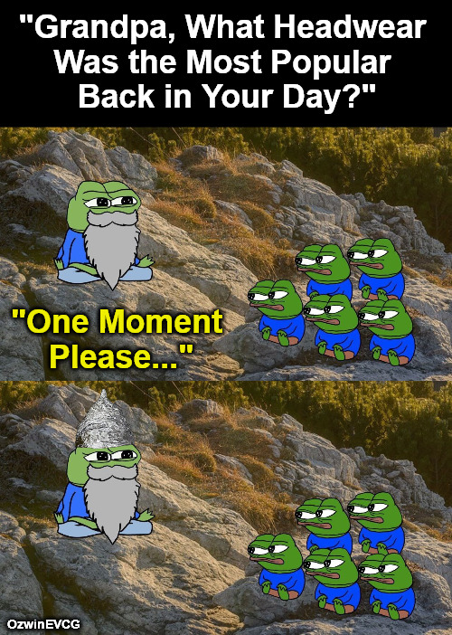 "Foiled" Again | "Grandpa, What Headwear 

Was the Most Popular 

Back in Your Day?"; "One Moment 

Please..."; OzwinEVCG | image tagged in wise pepe,pepe grandchildren,conspiracy realities,conspiracy theories,the struggle,2020s | made w/ Imgflip meme maker