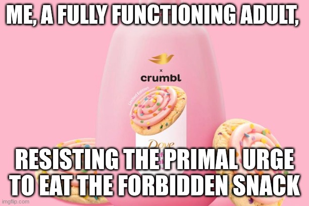 forbidden snack | ME, A FULLY FUNCTIONING ADULT, RESISTING THE PRIMAL URGE TO EAT THE FORBIDDEN SNACK | image tagged in funny memes,random,snacks,soap,idk | made w/ Imgflip meme maker