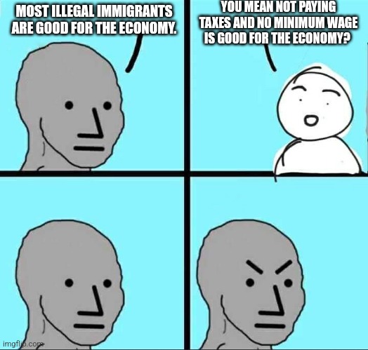 NPC Meme | MOST ILLEGAL IMMIGRANTS ARE GOOD FOR THE ECONOMY. YOU MEAN NOT PAYING TAXES AND NO MINIMUM WAGE IS GOOD FOR THE ECONOMY? | image tagged in npc meme | made w/ Imgflip meme maker