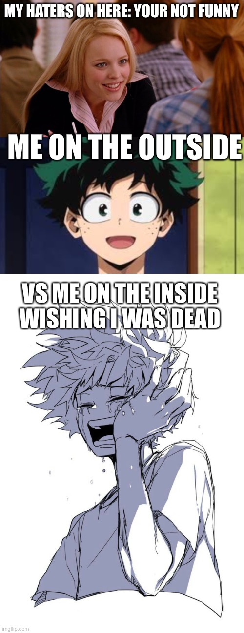 I'm sorry for venting | MY HATERS ON HERE: YOUR NOT FUNNY; ME ON THE OUTSIDE; VS ME ON THE INSIDE WISHING I WAS DEAD | image tagged in so you agree,deku happy,sad deku | made w/ Imgflip meme maker