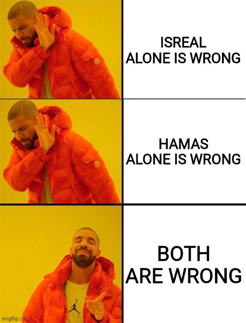 True dat | ISREAL ALONE IS WRONG; HAMAS ALONE IS WRONG; BOTH ARE WRONG | image tagged in drake meme 3 panels | made w/ Imgflip meme maker