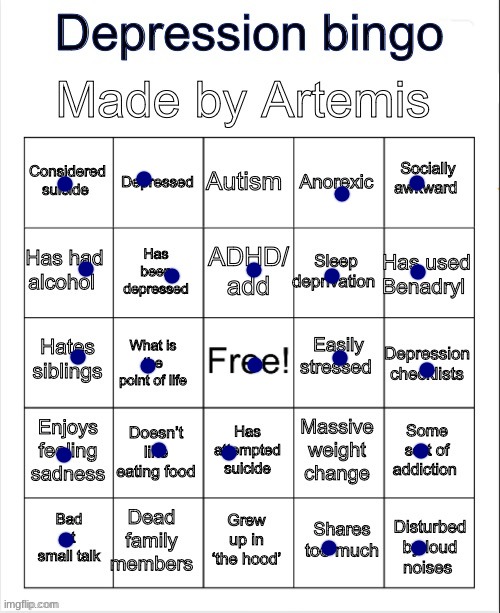 bingo | image tagged in depression bingo | made w/ Imgflip meme maker