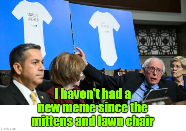 RFK interrupts Grandstanding for sound bites with answers | I haven't had a new meme since the mittens and lawn chair | image tagged in bernie sanders new onesie meme | made w/ Imgflip meme maker