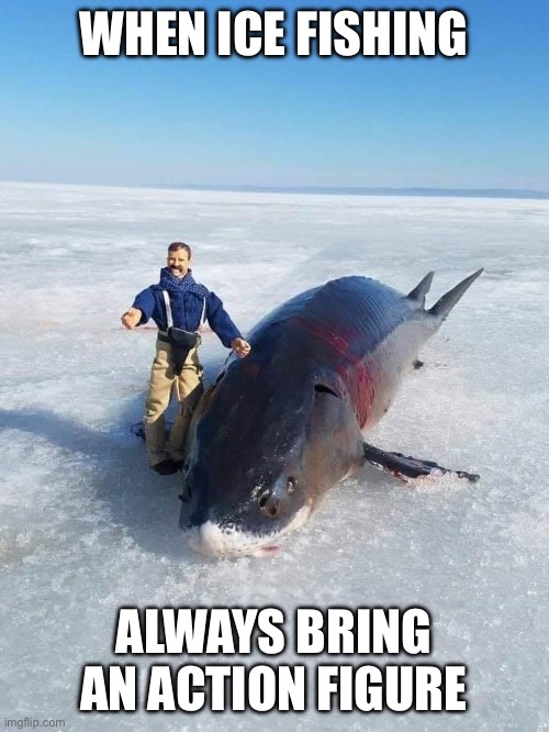 WHEN ICE FISHING; ALWAYS BRING AN ACTION FIGURE | image tagged in funny memes | made w/ Imgflip meme maker