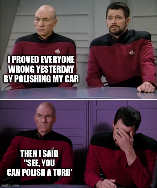 Picard Riker | I PROVED EVERYONE WRONG YESTERDAY BY POLISHING MY CAR; THEN I SAID "SEE, YOU CAN POLISH A TURD' | image tagged in picard riker | made w/ Imgflip meme maker