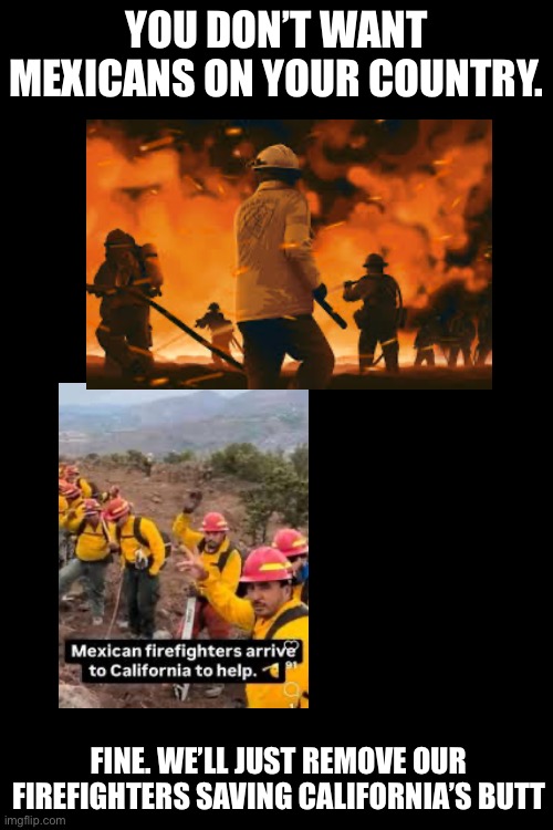 YOU DON’T WANT MEXICANS ON YOUR COUNTRY. FINE. WE’LL JUST REMOVE OUR FIREFIGHTERS SAVING CALIFORNIA’S BUTT | made w/ Imgflip meme maker