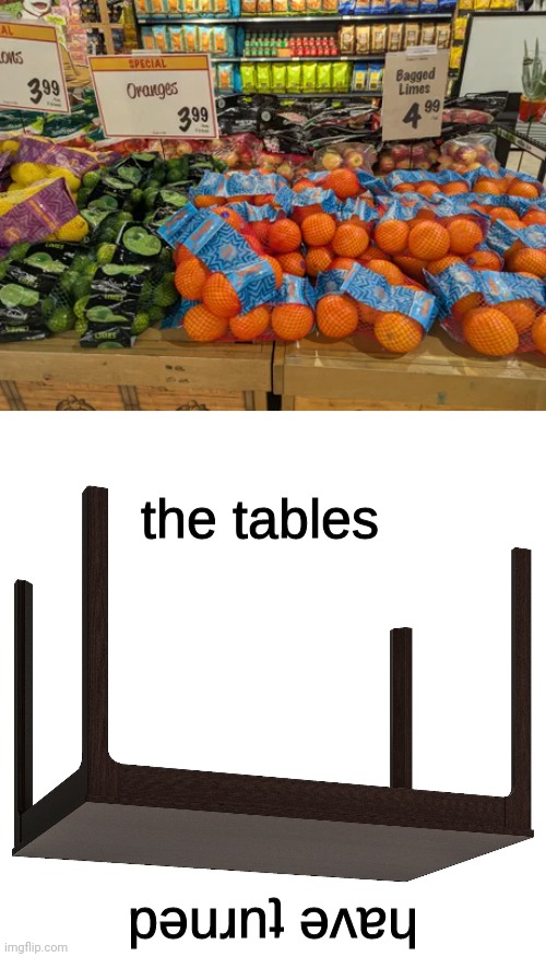 Oranges and bagged limes switcheroos | image tagged in the tables have turned,oranges,limes,fruits,you had one job,memes | made w/ Imgflip meme maker