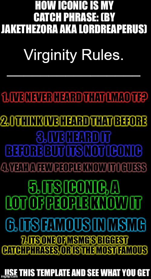 How iconic is my catchphrase | Virginity Rules. | image tagged in how iconic is my catchphrase | made w/ Imgflip meme maker