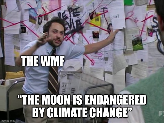 Moon is endangered | THE WMF; “THE MOON IS ENDANGERED BY CLIMATE CHANGE” | image tagged in charlie conspiracy always sunny in philidelphia,politics,political meme,moon,elon musk | made w/ Imgflip meme maker