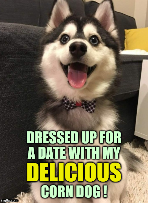 DRESSED UP FOR
A DATE WITH MY DELICIOUS CORN DOG ! | made w/ Imgflip meme maker