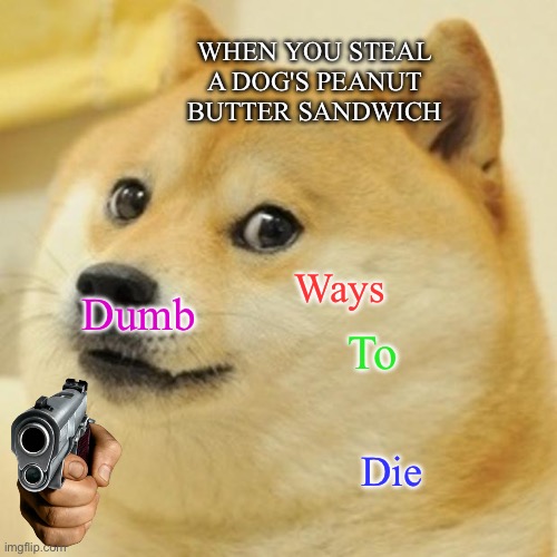 Bad Doggy | WHEN YOU STEAL A DOG'S PEANUT BUTTER SANDWICH; Ways; Dumb; To; Die | image tagged in memes,doge | made w/ Imgflip meme maker