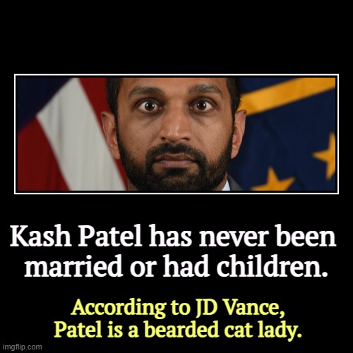 Kash Patel has never been 
married or had children. | According to JD Vance, Patel is a bearded cat lady. | image tagged in funny,demotivationals,kash patel,attack,cat lady,liar | made w/ Imgflip demotivational maker