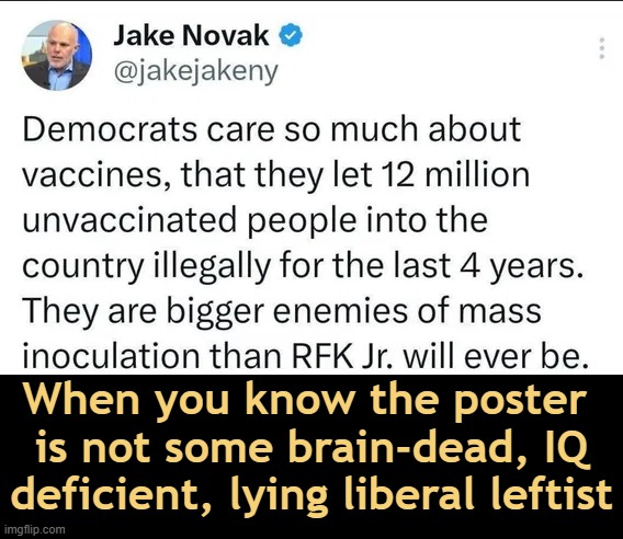 Jake Connected the Dots; WHY can't Democrats? | When you know the poster 
is not some brain-dead, IQ
deficient, lying liberal leftist | image tagged in illegal aliens,democrats,dumb people,partisan progressives,nobody ever accused them of being too smart,brain cells | made w/ Imgflip meme maker