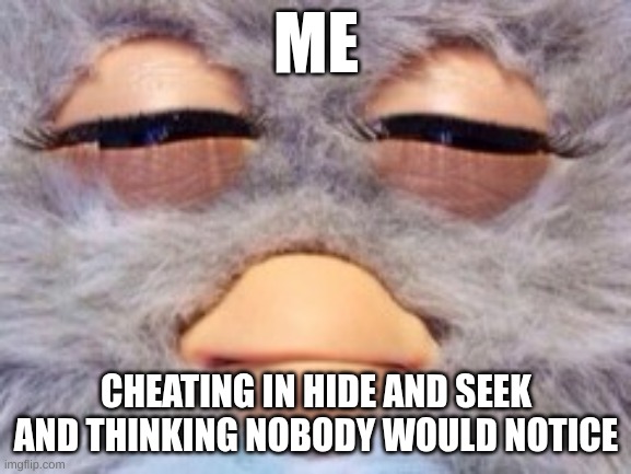 Furby Meme | ME; CHEATING IN HIDE AND SEEK AND THINKING NOBODY WOULD NOTICE | image tagged in furby meme | made w/ Imgflip meme maker