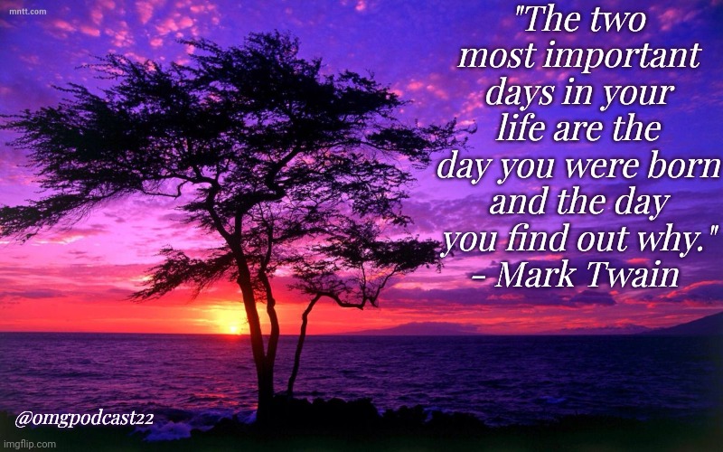 Inspiration for this is totally beyond me? | "The two most important days in your life are the day you were born and the day you find out why."
- Mark Twain; @omgpodcast22 | image tagged in sunrise purple beauty | made w/ Imgflip meme maker