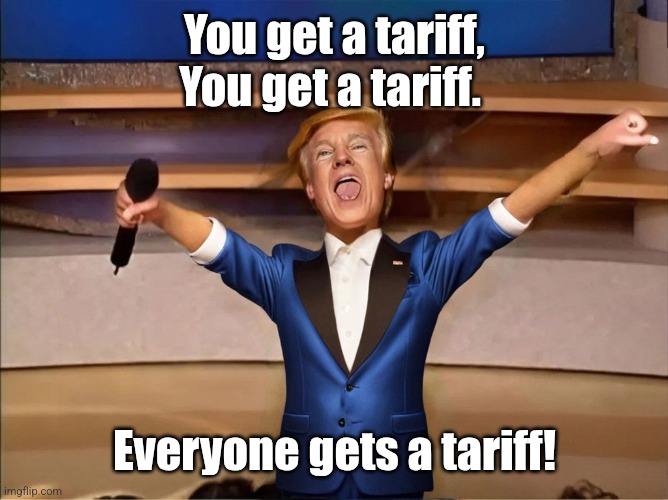 Donald You get | You get a tariff, You get a tariff. Everyone gets a tariff! | image tagged in donald trump,oprah you get a | made w/ Imgflip meme maker