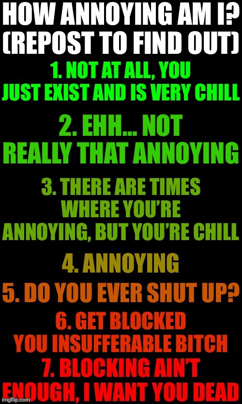 How annoying am I? (Repost to find out) | image tagged in how annoying am i repost to find out,memes,msmg | made w/ Imgflip meme maker