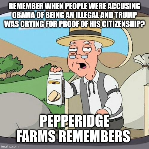 Pepperidge Farm Remembers Meme | REMEMBER WHEN PEOPLE WERE ACCUSING OBAMA OF BEING AN ILLEGAL AND TRUMP WAS CRYING FOR PROOF OF HIS CITIZENSHIP? PEPPERIDGE FARMS REMEMBERS | image tagged in memes,pepperidge farm remembers | made w/ Imgflip meme maker