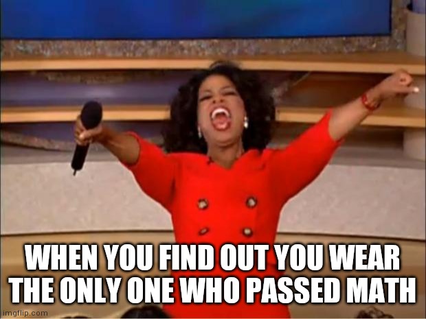 Oprah You Get A Meme | WHEN YOU FIND OUT YOU WEAR THE ONLY ONE WHO PASSED MATH | image tagged in memes,oprah you get a | made w/ Imgflip meme maker