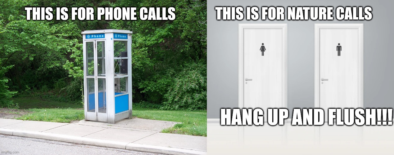 THIS IS FOR NATURE CALLS; THIS IS FOR PHONE CALLS; HANG UP AND FLUSH!!! | image tagged in phone booth | made w/ Imgflip meme maker