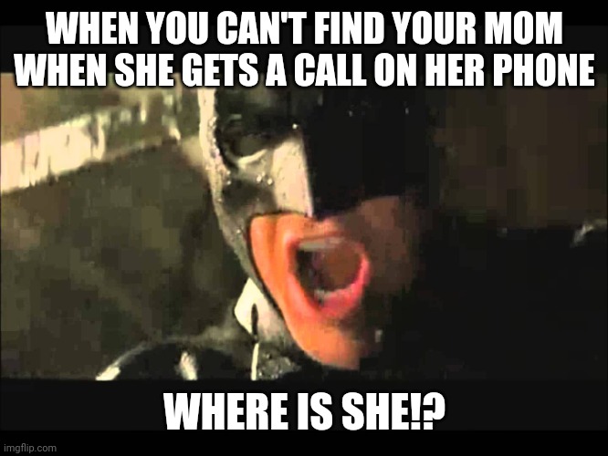 Seriously where is she | WHEN YOU CAN'T FIND YOUR MOM WHEN SHE GETS A CALL ON HER PHONE; WHERE IS SHE!? | image tagged in where is she batman | made w/ Imgflip meme maker