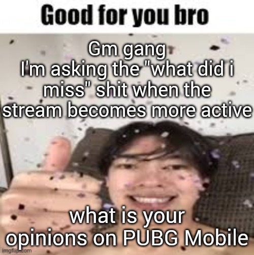 Good for you bro (Iraqi_Randomizer temp) | Gm gang
I'm asking the "what did i miss" shit when the stream becomes more active; what is your opinions on PUBG Mobile | image tagged in good for you bro iraqi_randomizer temp | made w/ Imgflip meme maker