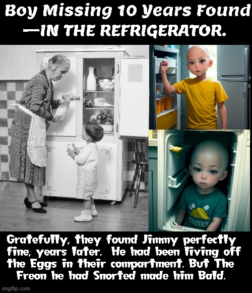 THE BOY IN THE FRIGIDAIRE | image tagged in vince vance,breaking news,lost boy,bald,refrigerator,snorting | made w/ Imgflip meme maker