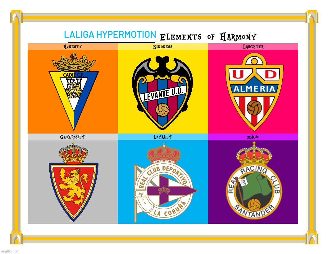 My LALIGA 2 (Spanish Segunda Division) Elements of Harmony Clubs | LALIGA HYPERMOTION | image tagged in my little pony elements of harmony template,cadiz,almeria,deportivo,racing santander,zaragoza | made w/ Imgflip meme maker