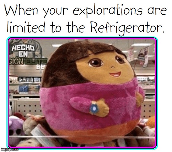 Dora Discovered Ice Cream in the Artic of her Freezer | image tagged in vince vance,dora the explorer,fat,pillow,funny memes,refrigerator | made w/ Imgflip meme maker