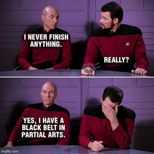 "I neve finis anyth..." —Captain Picard | image tagged in vince vance,star trek the next generation,memes,captain picard facepalm,martial arts,black belt | made w/ Imgflip meme maker