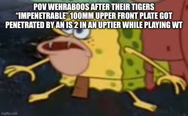 Spongegar | POV WEHRABOOS AFTER THEIR TIGERS “IMPENETRABLE” 100MM UPPER FRONT PLATE GOT PENETRATED BY AN IS 2 IN AN UPTIER WHILE PLAYING WT | image tagged in memes,spongegar | made w/ Imgflip meme maker