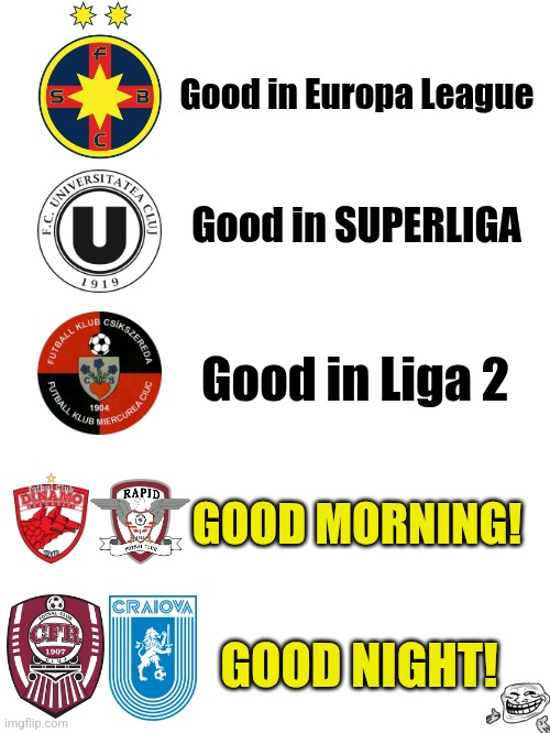 Romanian Football 2024/2025 so far... | Good in Europa League; Good in SUPERLIGA; Good in Liga 2; GOOD MORNING! GOOD NIGHT! | image tagged in fcsb,cfr cluj,craiova,dinamo,rapid,sports | made w/ Imgflip meme maker