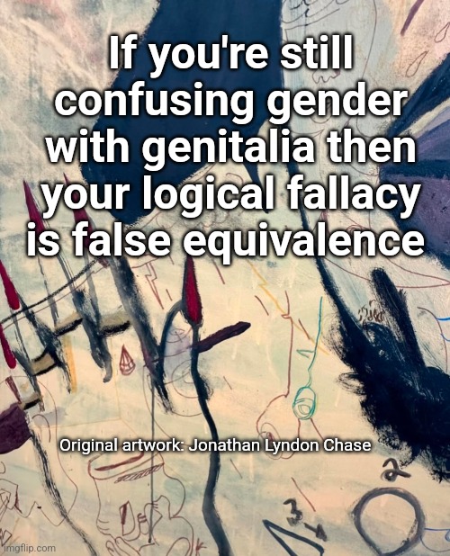 False equivalence | If you're still confusing gender with genitalia then your logical fallacy is false equivalence; Original artwork: Jonathan Lyndon Chase | image tagged in gender | made w/ Imgflip meme maker