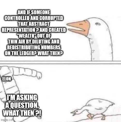 Elon money | AND IF SOMEONE CONTROLLED AND CORRUPTED THAT ABSTRACT REPRESENTATION ? AND CREATED "WEALTH" OUT OF THIN AIR BY DILUTING AND REDISTRIBUTING NUMBERS ON THE LEDGER? WHAT THEN? ELON; I'M ASKING A QUESTION. WHAT THEN ?! | image tagged in goose chase | made w/ Imgflip meme maker