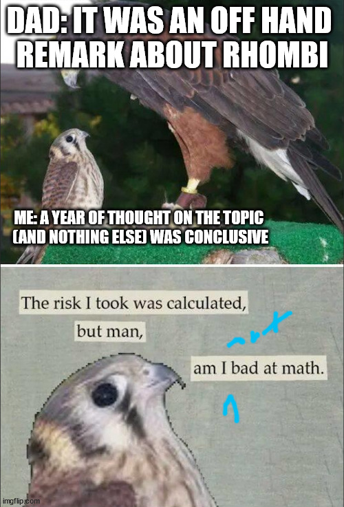 RIP & bro too... and cuz.. | DAD: IT WAS AN OFF HAND 
REMARK ABOUT RHOMBI; ME: A YEAR OF THOUGHT ON THE TOPIC 
(AND NOTHING ELSE) WAS CONCLUSIVE | image tagged in the risk i took was calculated but man am i bad at math,math,difficult,insight,not _____ for an entire minute - challenge | made w/ Imgflip meme maker