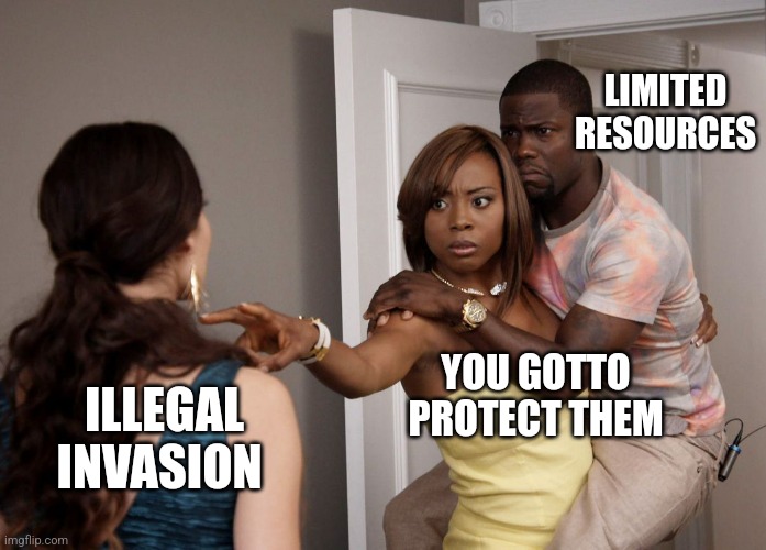 Woman Holding Kevin Hart | LIMITED RESOURCES YOU GOTTO PROTECT THEM ILLEGAL INVASION | image tagged in woman holding kevin hart | made w/ Imgflip meme maker