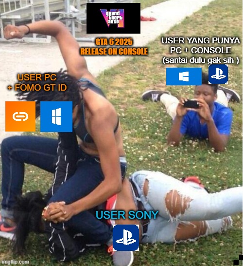 Hujan teknologi | GTA 6 2025 RELEASE ON CONSOLE; USER YANG PUNYA PC + CONSOLE
(santai dulu gak sih ); USER PC + FOMO GT ID; USER SONY | image tagged in guy recording a fight | made w/ Imgflip meme maker