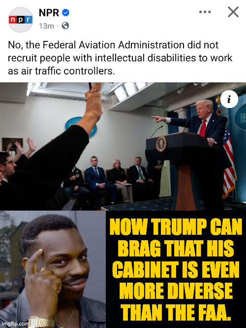 Even when he loses, he wins. | NOW TRUMP CAN
BRAG THAT HIS
CABINET IS EVEN
MORE DIVERSE
THAN THE FAA. | image tagged in memes,dei hires,trump | made w/ Imgflip meme maker