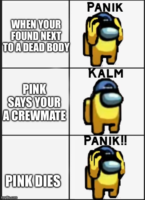 Among us Panik | WHEN YOUR FOUND NEXT TO A DEAD BODY; PINK SAYS YOUR A CREWMATE; PINK DIES | image tagged in among us panik | made w/ Imgflip meme maker