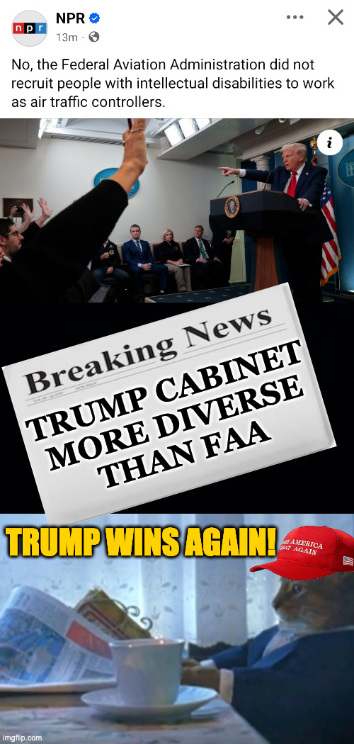 He's always one step ahead. | TRUMP CABINET
MORE DIVERSE
THAN FAA; TRUMP WINS AGAIN! | image tagged in cat reading the paper,trump,dei | made w/ Imgflip meme maker